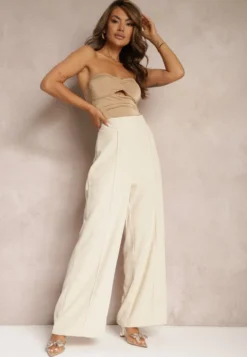 Beżowe Garniturowe Szerokie Spodnie High Waist Rissetto
