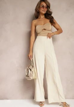 Beżowe Garniturowe Szerokie Spodnie High Waist Rissetto