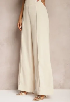 Beżowe Garniturowe Szerokie Spodnie High Waist Rissetto