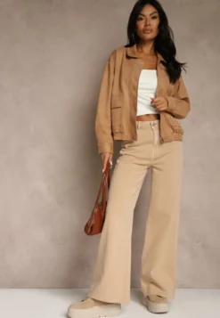 Beżowe Jeansy High Waist Wide Leg z Surowo Zakończonymi Nogawkami Rhelnell