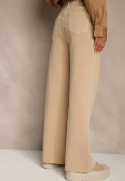 Beżowe Jeansy High Waist Wide Leg z Surowo Zakończonymi Nogawkami Rhelnell