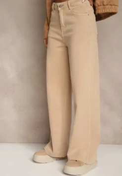 Beżowe Jeansy High Waist Wide Leg z Surowo Zakończonymi Nogawkami Rhelnell