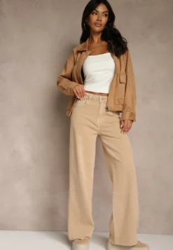 Beżowe Jeansy High Waist Wide Leg z Surowo Zakończonymi Nogawkami Rhelnell
