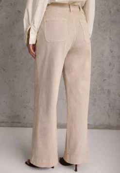 Beżowe Jeansy High Waist Wide Leg z Bawełny z Naszytymi Kieszonkami Yrelelin