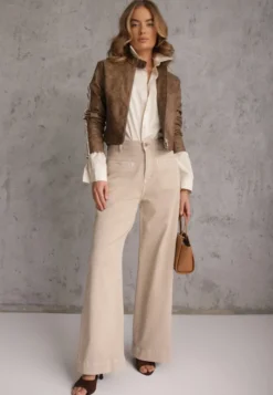 Beżowe Jeansy High Waist Wide Leg z Bawełny z Naszytymi Kieszonkami Yrelelin