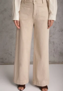 Beżowe Jeansy High Waist Wide Leg z Bawełny z Naszytymi Kieszonkami Yrelelin