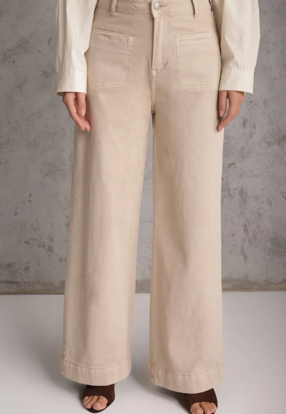 Beżowe Jeansy High Waist Wide Leg z Bawełny z Naszytymi Kieszonkami Yrelelin