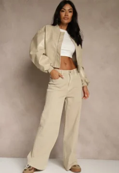 Beżowe Jeansy High Waist Wide Leg Meorise