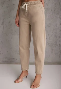 Beżowe Jeansy Mom Fit High Waist z Bawełny ze Ściągaczem w Pasie Phiales