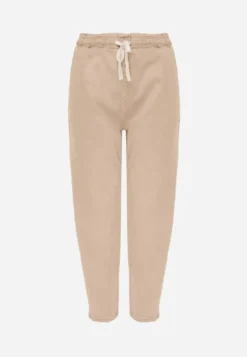 Beżowe Jeansy Mom Fit High Waist z Bawełny ze Ściągaczem w Pasie Phiales