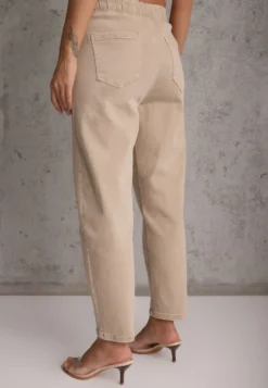 Beżowe Jeansy Mom Fit High Waist z Bawełny ze Ściągaczem w Pasie Phiales