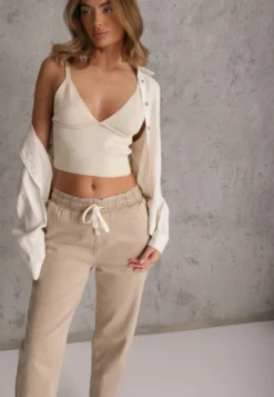Beżowe Jeansy Mom Fit High Waist z Bawełny ze Ściągaczem w Pasie Phiales