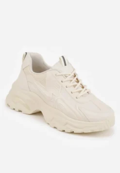 Beżowe Klasyczne Sneakersy Sznurowane na Niskiej Platformie Lenivia
