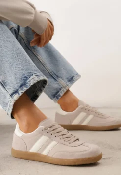 Beżowe Klasyczne Sneakersy Typu Tenisówki ze Skóry Naturalnej Azurra