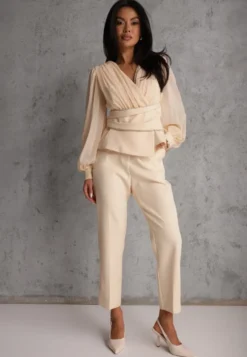 Beżowe Klasyczne Spodnie VICES Garniturowe High Waist Dimaia