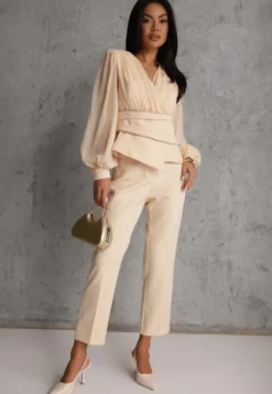 Beżowe Klasyczne Spodnie VICES Garniturowe High Waist Dimaia