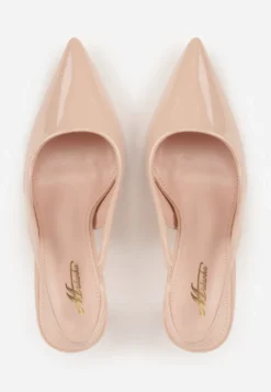 Beżowe Lakierowane Sandały Szpilki Typu Slingback Ulios