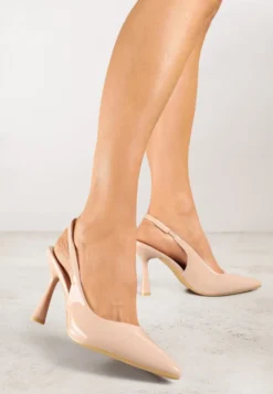 Beżowe Lakierowane Sandały Szpilki Typu Slingback Ulios