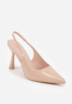 Beżowe Lakierowane Sandały Szpilki Typu Slingback Ulios