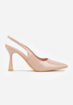 Beżowe Lakierowane Sandały Szpilki Typu Slingback Ulios