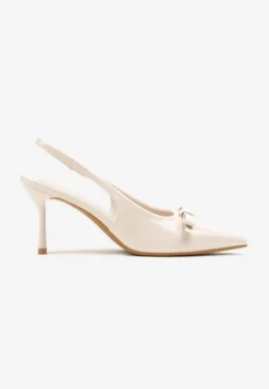 Beżowe Lakierowane Sandały Szpilki Vices Typu Slingback z Kokardą Dorozia