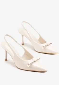 Beżowe Lakierowane Sandały Szpilki Vices Typu Slingback z Kokardą Dorozia