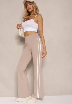 Beżowe Legginsy Flare High Waist z Marszczeniem i Lampasami Kirsena