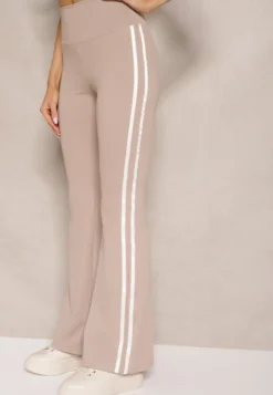 Beżowe Legginsy Flare High Waist z Marszczeniem i Lampasami Kirsena