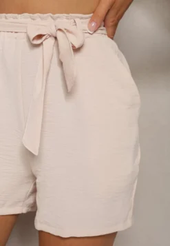 Beżowe Luźne Szorty Bermudy High Waist z Gumką i Materiałowym Paskiem w Talii Renetta