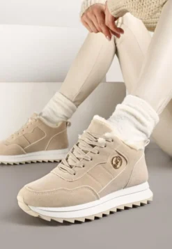Beżowe Ocieplane Sneakersy na Platformie Appopis