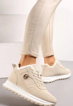 Beżowe Ocieplane Sneakersy na Platformie Appopis