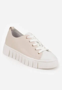 Beżowe Płaskie Sneakersy Vices ze Sznurowaniem Lorori