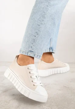 Beżowe Płaskie Sneakersy Vices ze Sznurowaniem Lorori