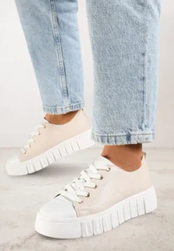 Beżowe Płaskie Sneakersy Vices ze Sznurowaniem Lorori