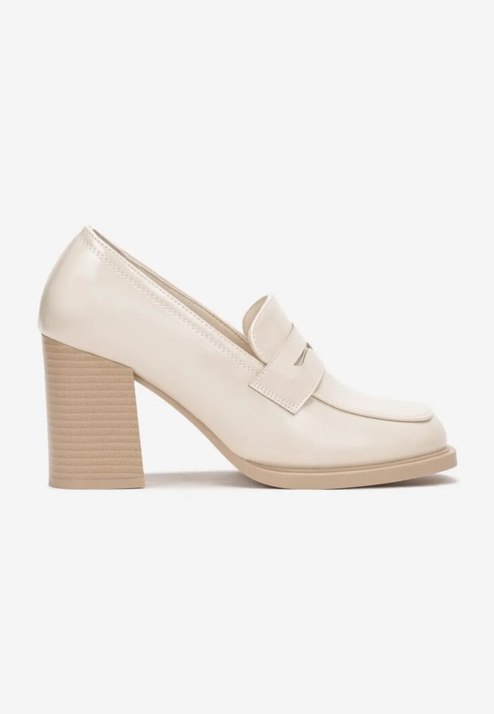 Beżowe Półbuty na Wysokim Słupku z Okrągłym Noskiem i Przeszyciami Adenor