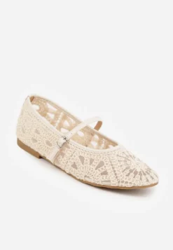 Beżowe Plecione Balerinki Boho w Stylu Mary Jane z Siateczki Raithea