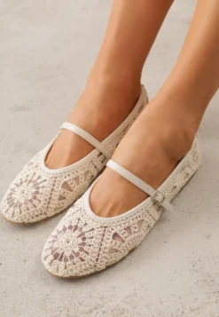 Beżowe Plecione Balerinki Boho w Stylu Mary Jane z Siateczki Raithea