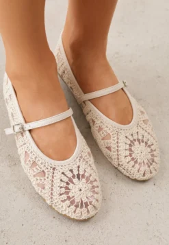 Beżowe Plecione Balerinki Boho w Stylu Mary Jane z Siateczki Raithea