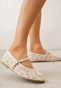 Beżowe Plecione Balerinki Boho w Stylu Mary Jane z Siateczki Raithea