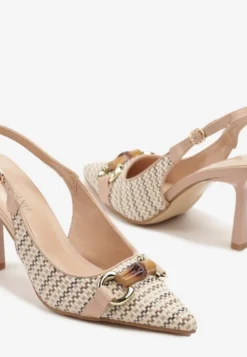 Beżowe Plecione Sandały Szpilki Typu Slingback Ozdobione Klamrą Avenis