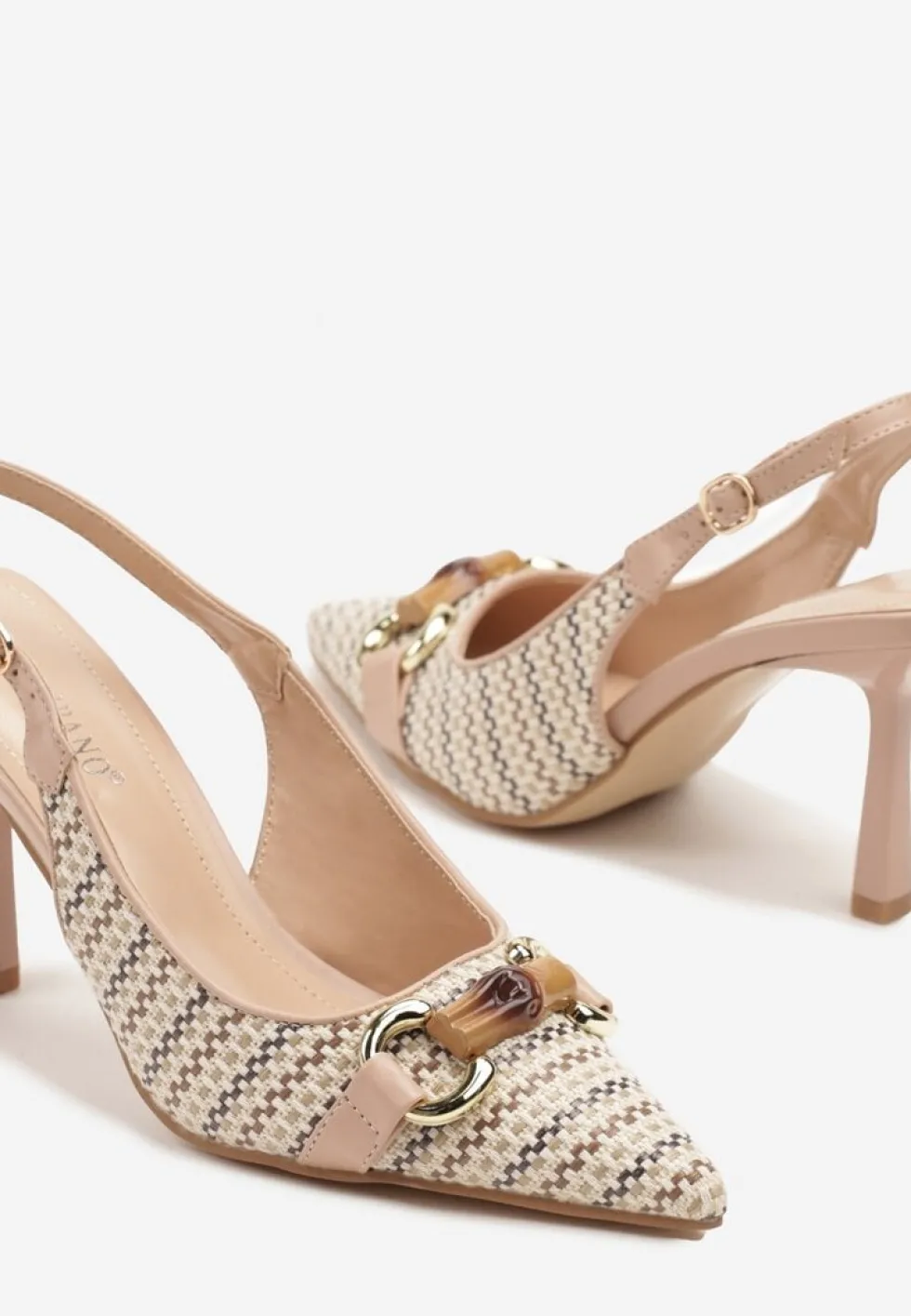 Beżowe Plecione Sandały Szpilki Typu Slingback Ozdobione Klamrą Avenis