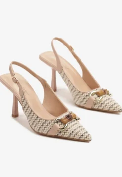 Beżowe Plecione Sandały Szpilki Typu Slingback Ozdobione Klamrą Avenis