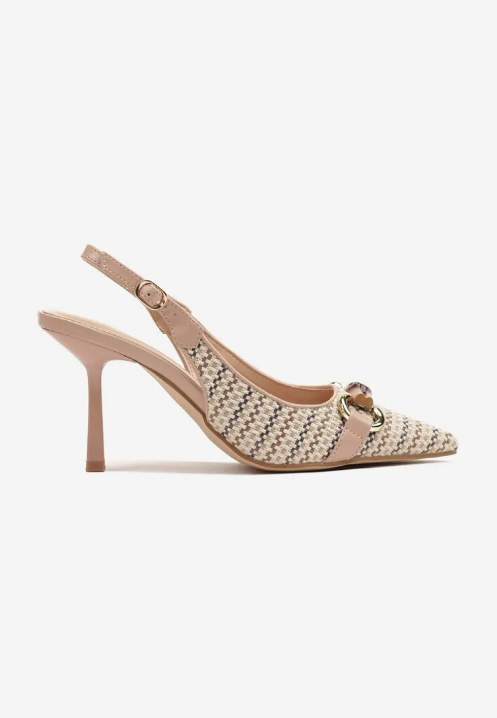 Beżowe Plecione Sandały Szpilki Typu Slingback Ozdobione Klamrą Avenis