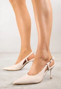 Beżowe Sandały Lakierowane Vices na Szpilce Slingback Raleira