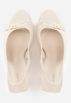 Beżowe Sandały Lakierowane VICES na Szpilce Slingback z Metaliczną Klamrą Harmonia