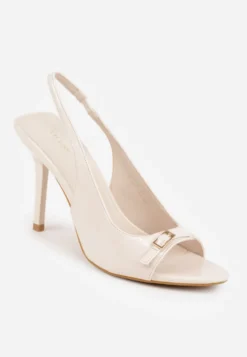 Beżowe Sandały Lakierowane VICES na Szpilce Slingback z Metaliczną Klamrą Harmonia