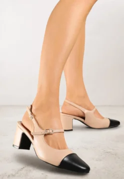 Beżowe Sandały na Słupku Slingback Ozdobione Paskiem Divolia