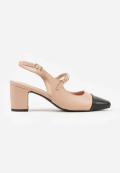 Beżowe Sandały na Słupku Slingback Ozdobione Paskiem Divolia
