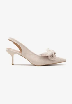 Beżowe Sandały na Szpilce Slingback z Kokardą Sunaiel