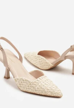 Beżowe Sandały na Szpilce Typu Slingback z Plecioną Cholewką Tatelana